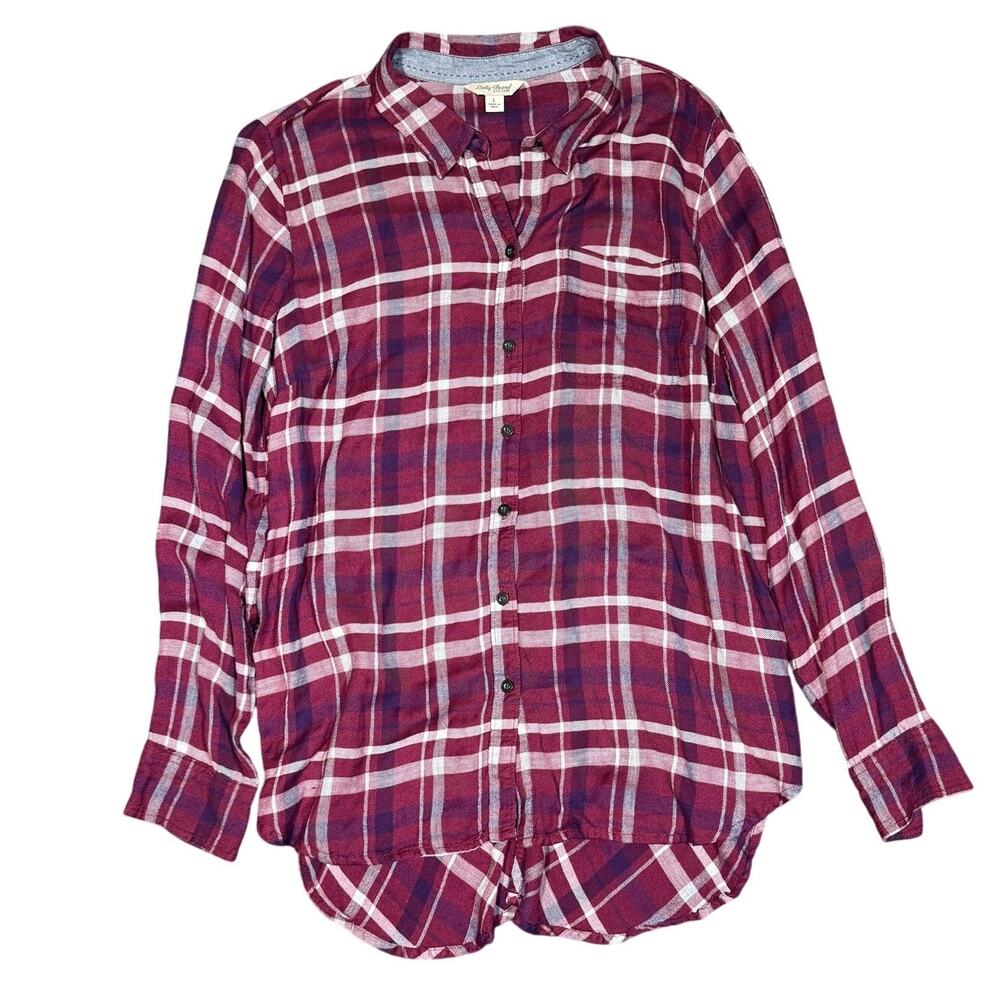 Lucky Brand Plaid Button Down Shirt L Women's Red Purple Flannel Long Sleeve